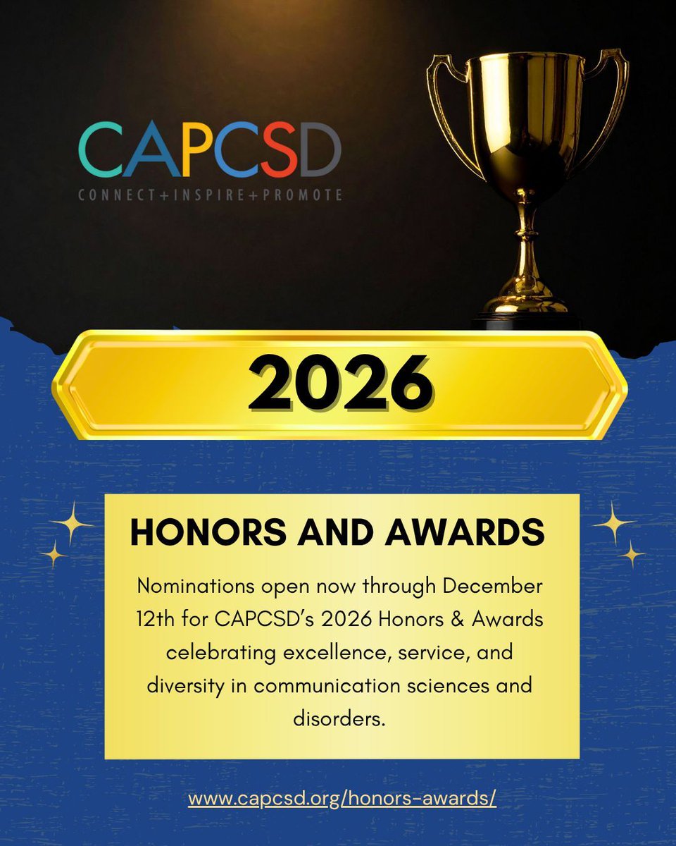 Capcsd_official's tweet photo. Celebrate those shaping the future of communication sciences! Nominate impactful educators, researchers, and organizations for CAPCSD's 2026 Awards by Dec 12, 2025! https://t.co/eGLUvAaIUy #CAPCSD https://t.co/UivonrA4jE