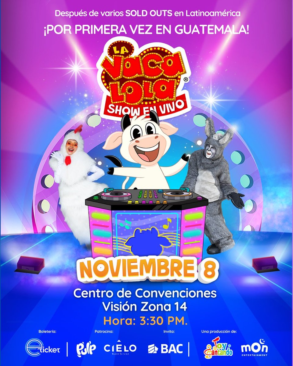 ¡Estoy Muu Muuy feliz de llegar por primera vez a Guatemala! 🐮✨

Vive un concierto único para toda la familia con música, color y diversión.

*Niños pagan entrada a partir de los 2 años*

🎟eticket.gt
📞Grupos escolares o empresariales: WhatsApp +502 5127 6254