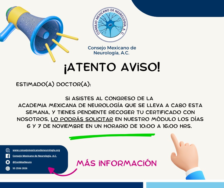 ‼️ Atento Aviso ‼️

Si aún no recoges tu Certificado, aprovecha esta oportunidad. 🥼

👩🏼‍💻👨🏽‍💻consejomexicanodeneurologia.org