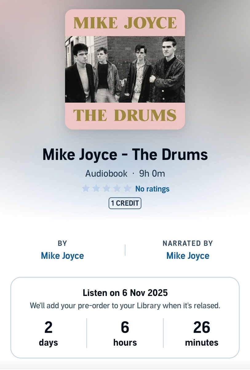 KatiesDisorder's tweet photo. Pre ordered wish it was available sooner #MikeJoyce #TheDrums 🥁🎧 #TheSmiths #Audible 🎶 https://t.co/AIN6WVJs7T