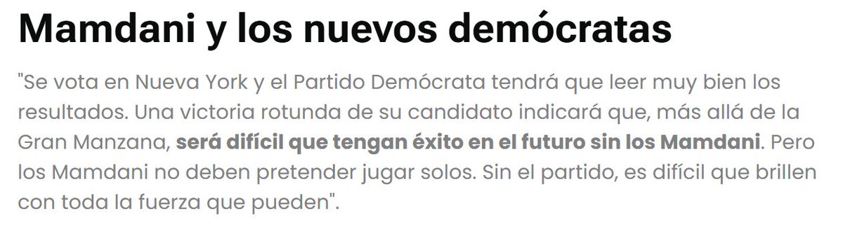 🇺🇸 Mañana no sólo se vota para escoger al nuevo alcalde de Nueva York, también se somete a escrutinio una nueva forma de hacer política.

Los demócratas tendrán que tomar nota de los resultados.

Sobre el fenómeno de Zohran Mamdani, escribo con <a href="/FranzvonBergen/">Franz von Bergen</a> para <a href="/Univision/">Univision</a>: