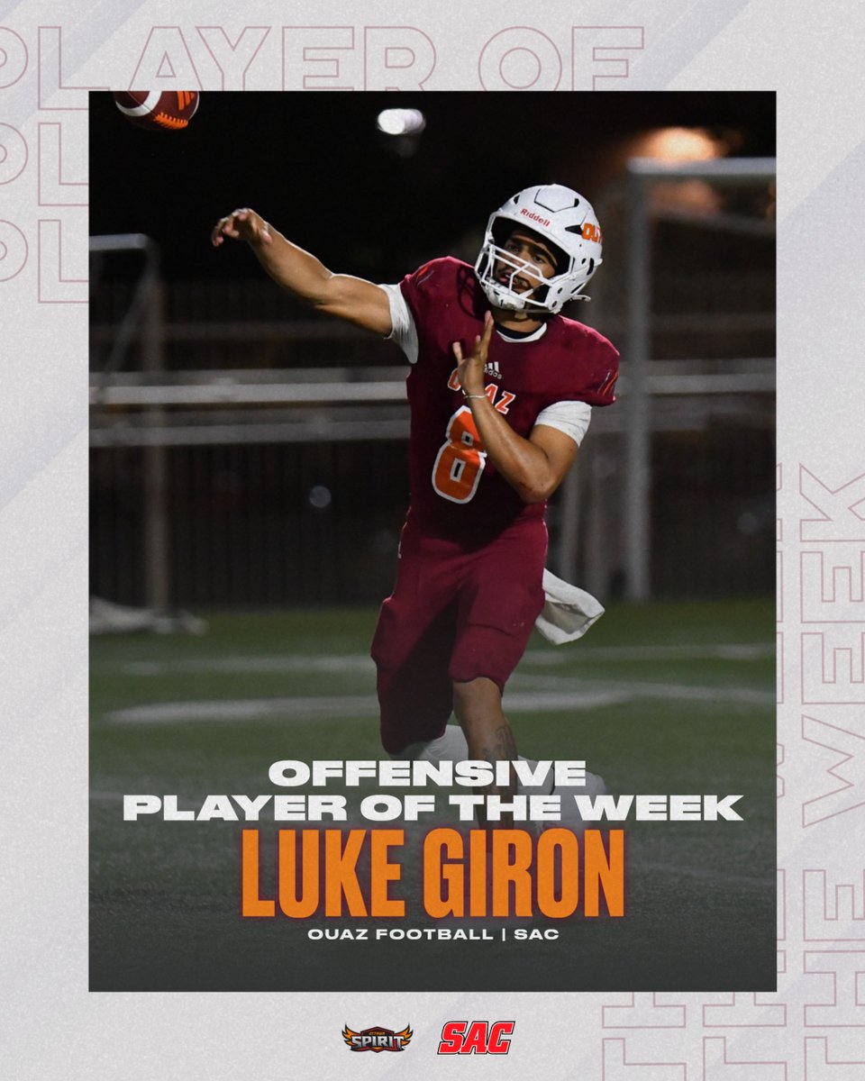 Congratulations to Luke Giron of <a href="/OUAZFootball/">OUAZ Football</a> on being named <a href="/Sooner_Athletic/">The Sooner Athletic Conference</a> Football Offensive Player of the Week!

#WeAreOUAZ