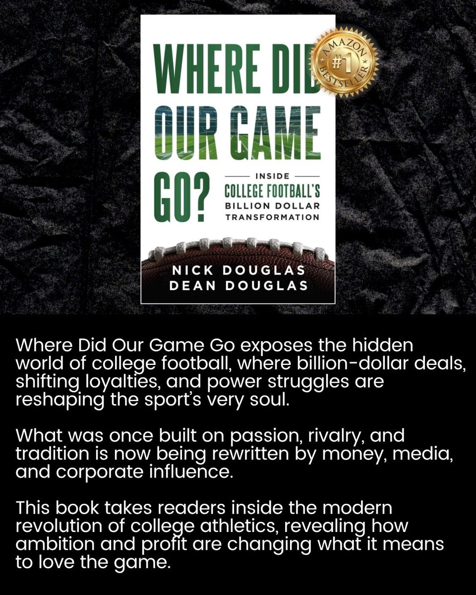 criscawley's tweet photo. Big congrats to our incredible authors Nick Douglas and Dean Douglas for releasing a book that every true fan of college football needs to read. 🏈📚

Where Did Our Game Go? pulls back the curtain on what’s really happening inside America’s most beloved sport.

From billion-dollar TV deals to power-hungry commissioners and players finally stepping into their worth, this book reveals how the business of college football is rewriting its own history in real time.

It’s not just about touchdowns and trophies anymore.

It’s about loyalty, legacy, and what happens when money becomes the new playbook.

If you’ve ever found yourself wondering, “Where did our game go?”.

This book has the answer. 🙌

#WhereDidOurGameGo
#CollegeFootballRevolution
#TruthInSports
#GameChangerPublishing
#BestsellerIn90Days