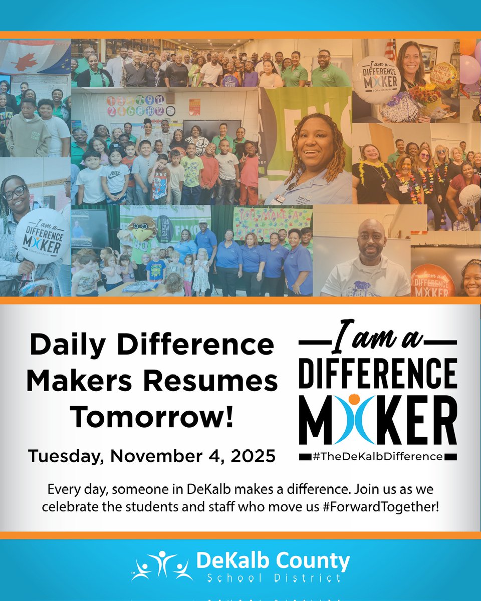 DeKalbSchools's tweet photo. 🎉 They’re back! #DailyDifferenceMakers resumes tomorrow! 🎉

#DCSD is celebrating the students and staff who make a lasting impact across DeKalb. 🫶

 🎁🛍️ Also, each Monday, one new follower will be surprised with a swag bag! 🎉 Our first Difference Maker Swag Bag winner will be announced next Monday! 🙌

📲 Follow, like, and share to join the celebration!

#TheDeKalbDifference💙🧡