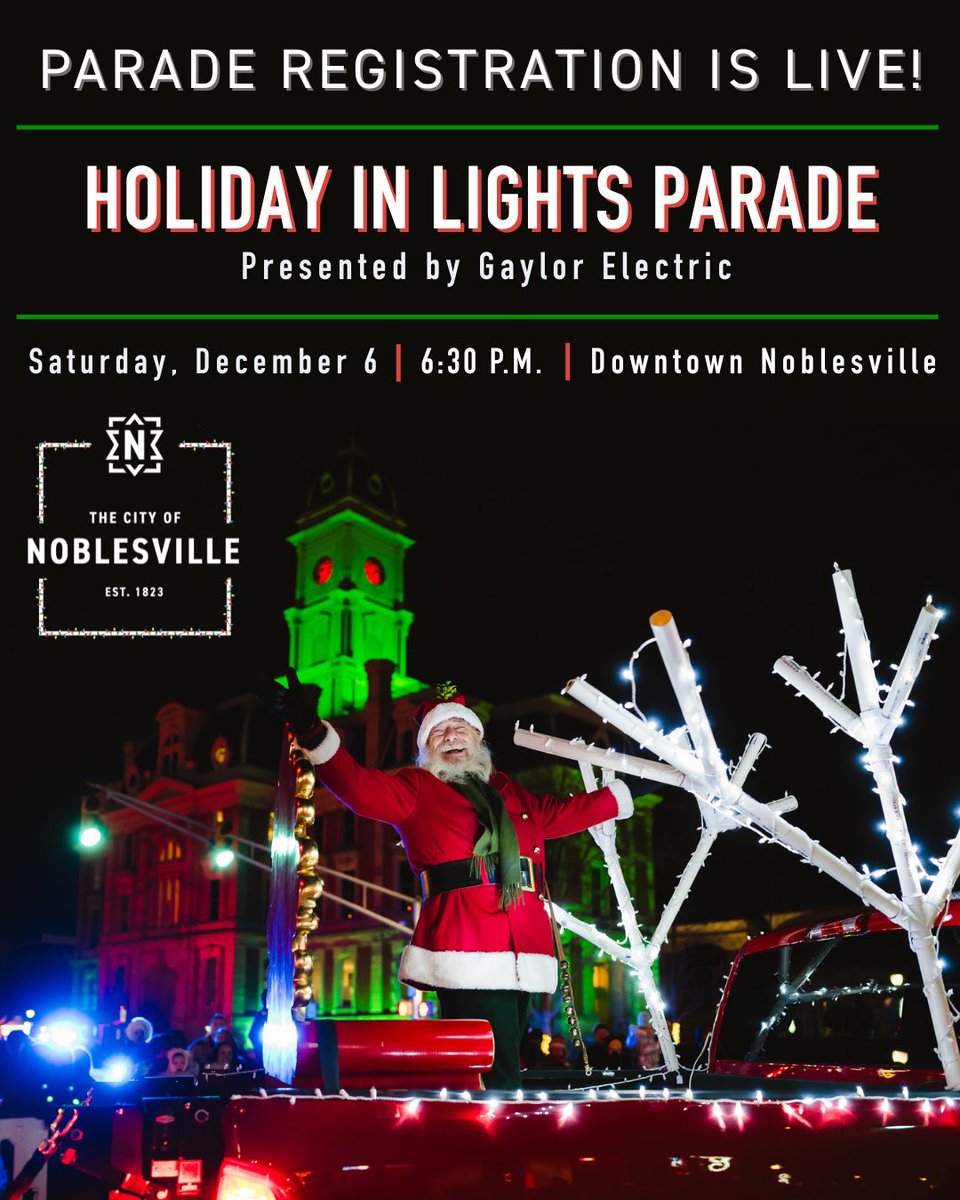 Mark your calendar for the 3rd Annual Holiday in Lights Parade on December 6, 2025, at 6:30 p.m.

Don’t miss this night filled with lights, music, and community spirit! Registration is open now: noblesville.in.gov/798/Holiday-in…