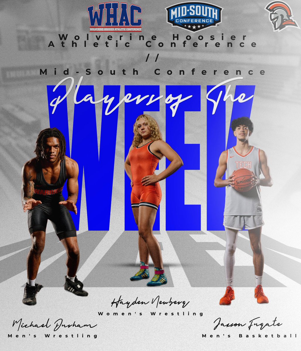INTechWarriors's tweet photo. Congratulations to Hayden Newberg, Michael Durham, and Jaxson Fugate on being named WHAC and MSC Players of the Week! 

Newberg and Durham both went 5-0 to win titles, while Fugate posted 9 blks, 4 stls, 20 rebs, &amp; 40 pts in 3 games last week #TechYeah #WonIT #WHACPOTW #NAIA https://t.co/cQwlqNH42P