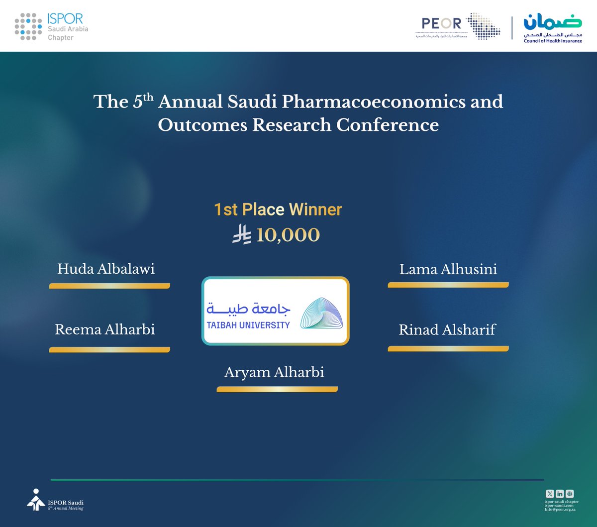 A huge congratulations to Taibah University, crowned 1st Place Winner in the 3rd Student Competition at The 5th Annual Saudi Pharmacoeconomics and Outcomes Research Conference!
An inspiring performance from start to finish, champions for a reason 🏆🔥

<a href="/taibahu/">جامعة طيبة Taibah U</a> 

#ISPOR_Saudi25