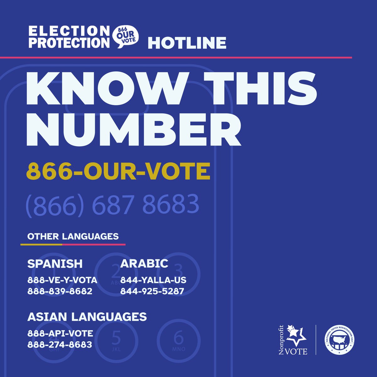 Help empower voters with the facts as they head to the polls tomorrow:

• If someone arrives before polls close, they have the right to stay in line.
• If they’re told they can’t vote or face a roadblock, they can still cast a provisional ballot.

SHARE THIS # FOR LIVE HELP