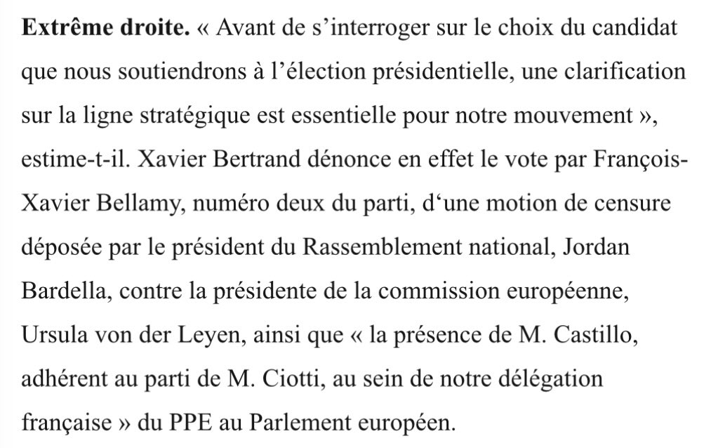 En votant la motion de censure de <a href="/J_Bardella/">Jordan Bardella</a> contre von der Leyen, <a href="/fxbellamy/">Fx Bellamy</a> a respecté ses convictions, nos électeurs et servi les intérêts de son pays.

N’en déplaise à <a href="/xavierbertrand/">Xavier Bertrand</a>, il y a à droite des gens de bonne volonté, prêts à s’unir pour défendre la France 🇫🇷