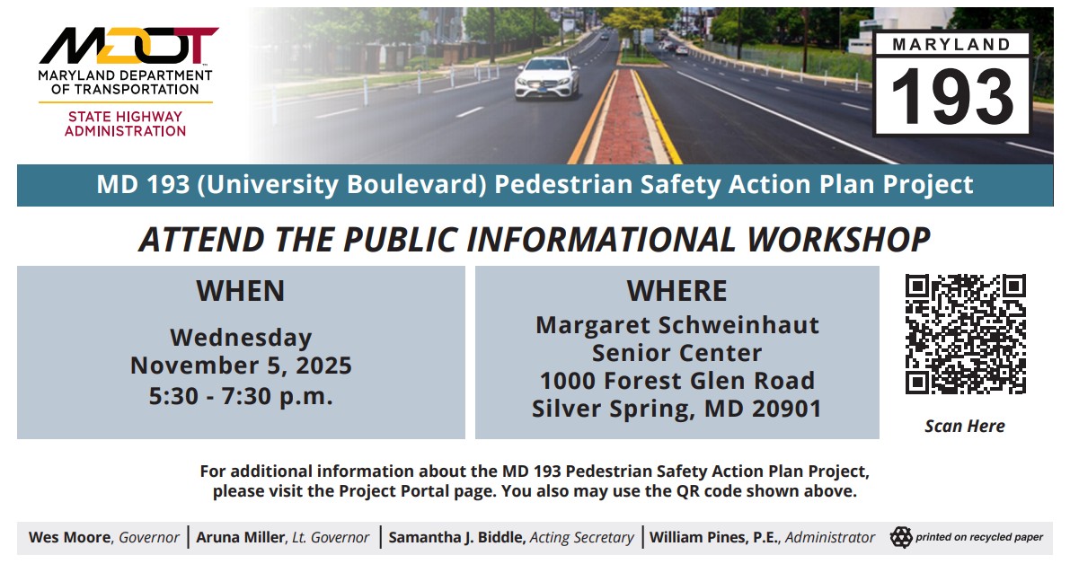 ✳️Reminder✳️
<a href="/MDSHA/">MD State Highway Adm</a> will hold a public informational workshop on Wednesday, Nov.5, 2025 to present proposed improvements for pedestrian🚶‍♀️&amp; bicycle🚴‍♀️ safety along the MD 193 corridor &amp; gather community feedback.▶️ow.ly/rcR150XluRe <a href="/MontgomeryCoMD/">Montgomery County MD Government</a> <a href="/VisionZeroMC/">Mont Co Vision Zero</a> <a href="/MarylandDOT/">Maryland Department of Transportation</a>