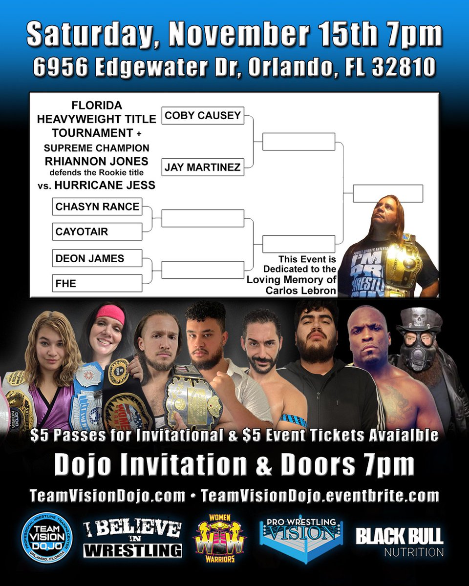 🔥 LIVE PRO WRESTLING – SATURDAY, NOV 15! 🔥

🎫 TeamVisionDojo.com
🎫 TeamVisionDojo.Eventbrite.com

❤️ Dedicated to the memory of Carlos Lebron

#TeamVisionDojo #ProWrestlingVision #IBelieveInWrestling #FloridaWrestling #OrlandoEvents #BlackBullNutrition
