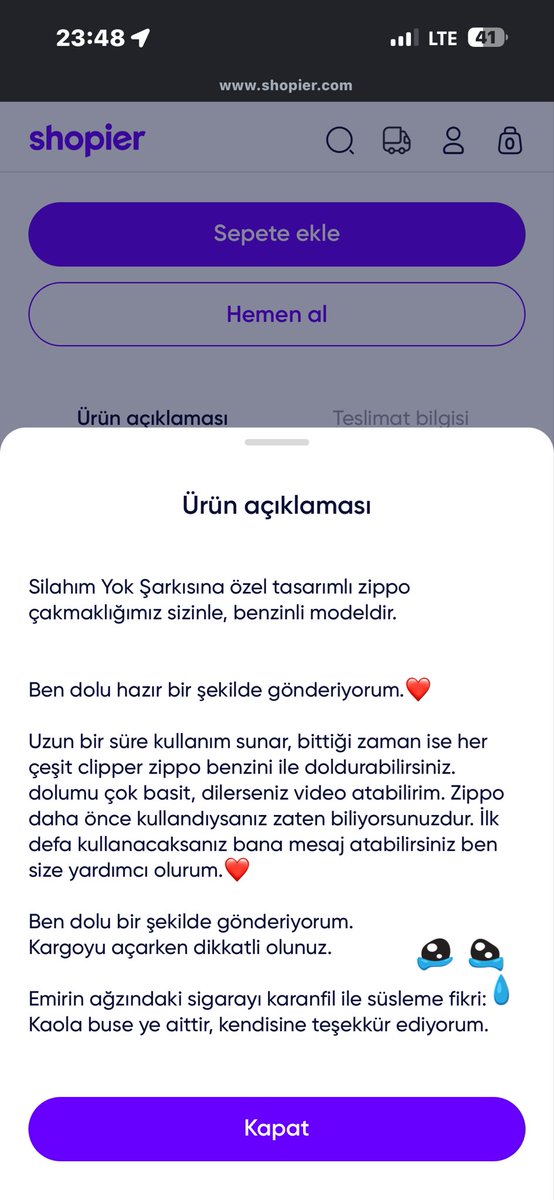 Açıklamaya benden bahsettiğini söylemese görmeyecektim, şu yaptığınabakar mısınız arkadaslaaaar?? 🤧😭😭😭
Zippo Link btw: Silahım Yok Zippo 🔗  shopier.com/39939760