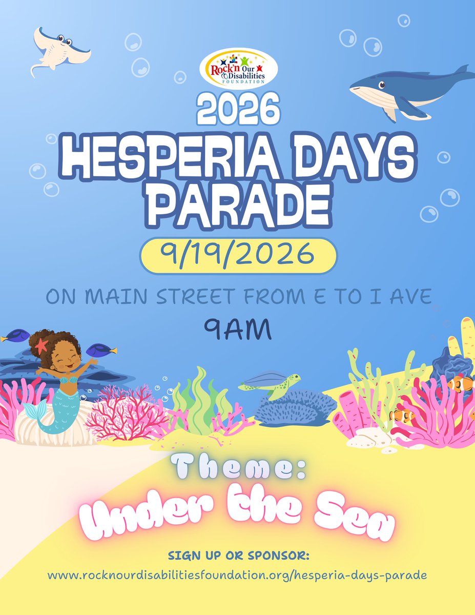 HesperiaParade's tweet photo. Join us for the 77th Annual Hesperia Days Parade!

Saturday, September 19th 9am

Theme: Under the Sea

The parade runs on East Main Street in Hesperia, CA from I Ave to E Ave.

This is a free event to the public, 

Sign up your organization or sponsor.

https://t.co/mhY88oE6wE https://t.co/gLb9dAPTAk