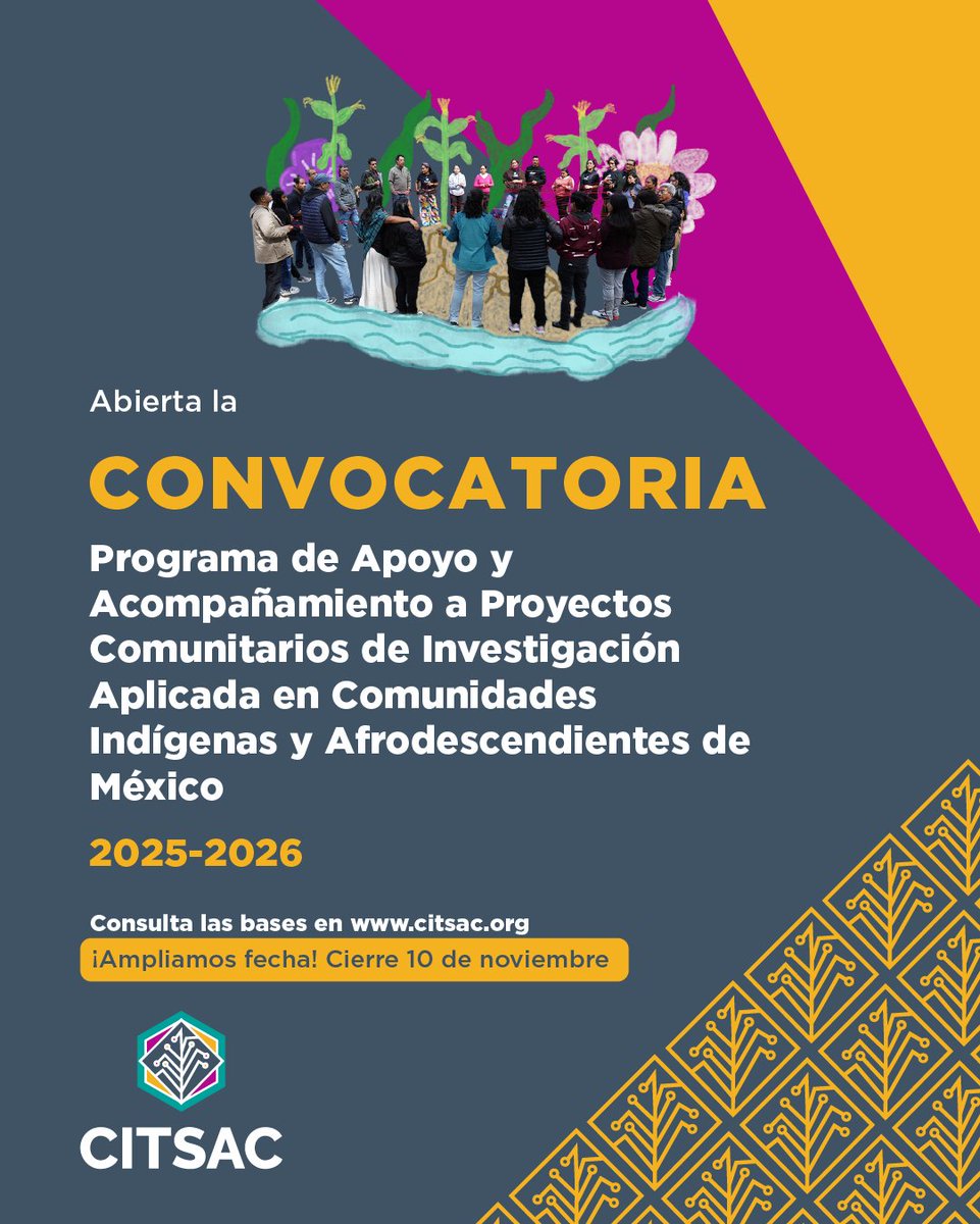 💥¡Ampliamos fecha de cierre al 10 de noviembre!💥

🌱Invitamos a colectivos #indígenas o #afrodescendientes que realicen proyectos de #investigación aplicada en su comunidad, sobre #cuidado de la #naturaleza y #defensadelterritorio.
 
👉 ¡Inscríbete aquí! bit.ly/4oP5Oeq