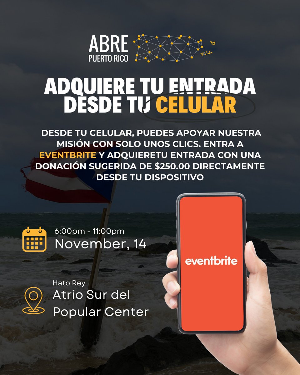 Adquiere tu entrada desde tu celular 📲

Desde tu celular, puedes apoyar nuestra misión con solo unos clics. Entra a Eventbrite y adquieretu entrada con una donación sugerida de $250.00 directamente desde tu dispositivo