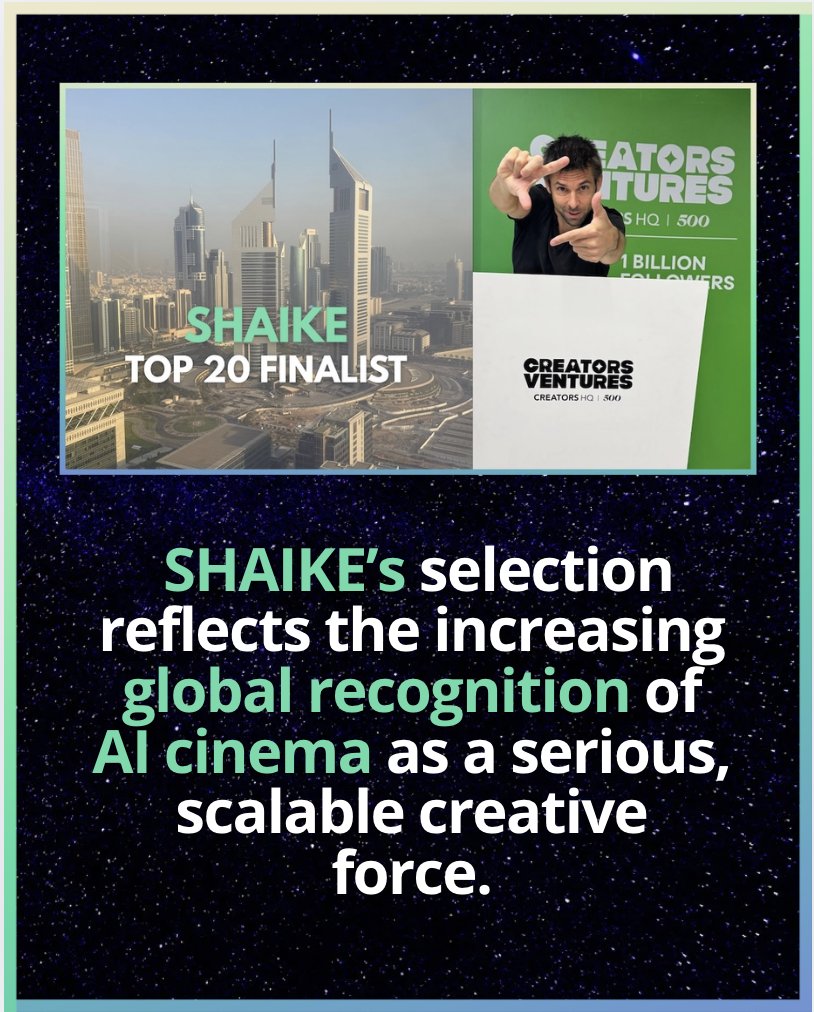 SHAIKEai's tweet photo. Big news from SHAIKE!

We’ve been selected as one of the Top 20 companies for #CreatorsVentures in Dubai — chosen from over 1,131 startups across 70 countries.

🔗 Full story → https://t.co/6xygZ5noRh
#SHAIKE #AIcinema #DubaiAccelerator #CreativeTech #Top20 #AIstartups https://t.co/4vUFFJSxrB
