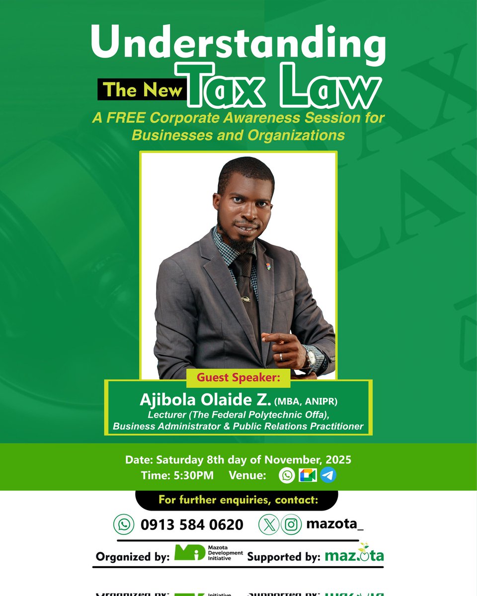MDI_HQ's tweet photo. Nigeria's new tax reforms are here - and every business, school &amp; artisan group will feel the impact. 

Join us as @AjibolaOlaide10 breaks down what you must know to stay compliant- Don't miss this FREE session. 

@InsideOsogbo @fiscalreformsng https://t.co/Z0tCY5tQTh