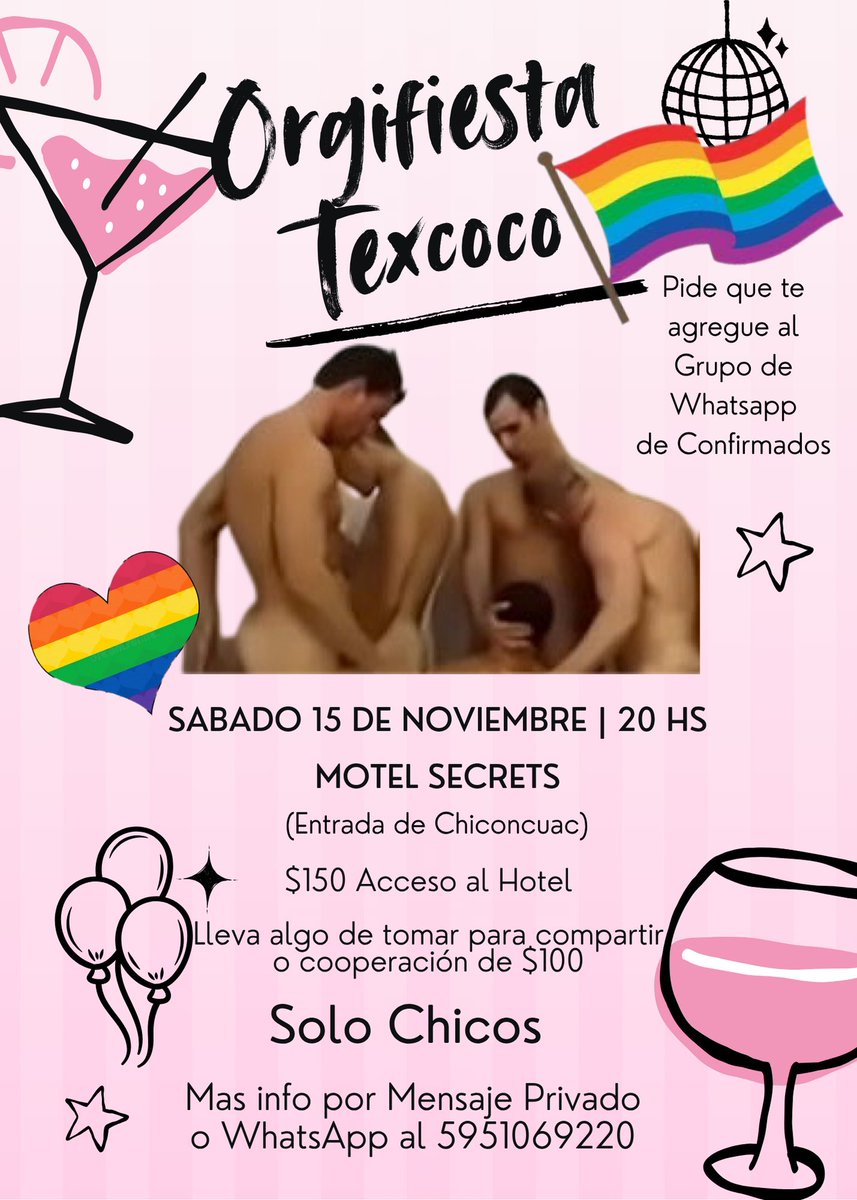 🏳️‍🌈 Org1Fiesta G@y Texcoco
Sábado 15 Noviembre | 20 hrs
Motel Secrets (Entrada a Chiconcuac) | Acceso al hotel $150 | Lleva algo de tomar para compartir o da una cooperación de $100 | Reunión solo para chicos | grupo de Whats de confirmados | Cupo limitado (N.R.D.A.) +info MD