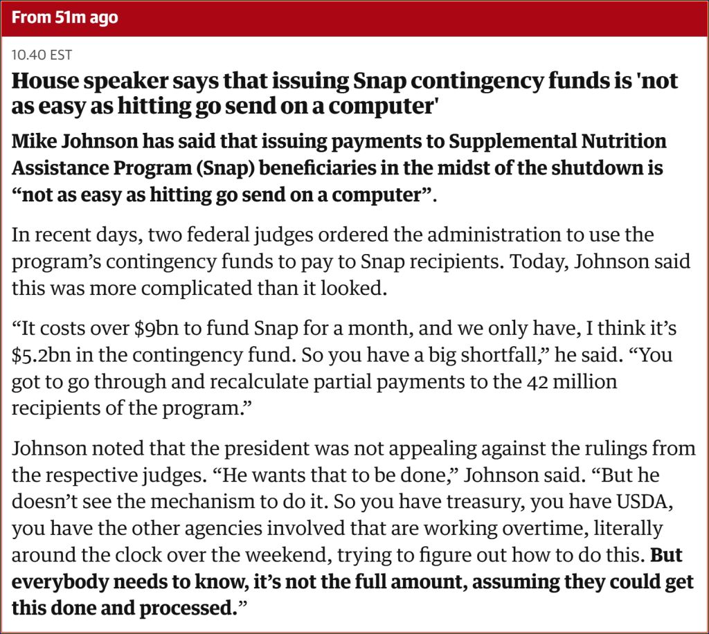 JohnLukeSam1's tweet image. So Trump &amp;amp; MAGAT-Mike say it's not easy to fund Snap despite 2 federal judges ordering them to do so.
Snap costs $9bn a month. If we stop or at least delay giving Argentina's Trump-loving Milei his $40bn, we could fund Snap for 4 months, wouldn't that be America first?