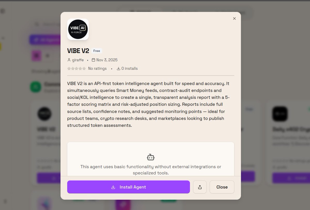 The Legend is back!

$VIBE Legendary agent is now live in our marketplace, 
an API-first token intelligence agent built for speed and accuracy.

Get comprehensive token analysis with 5-factor scoring, risk-adjusted position sizing, and full source transparency. 

Perfect for