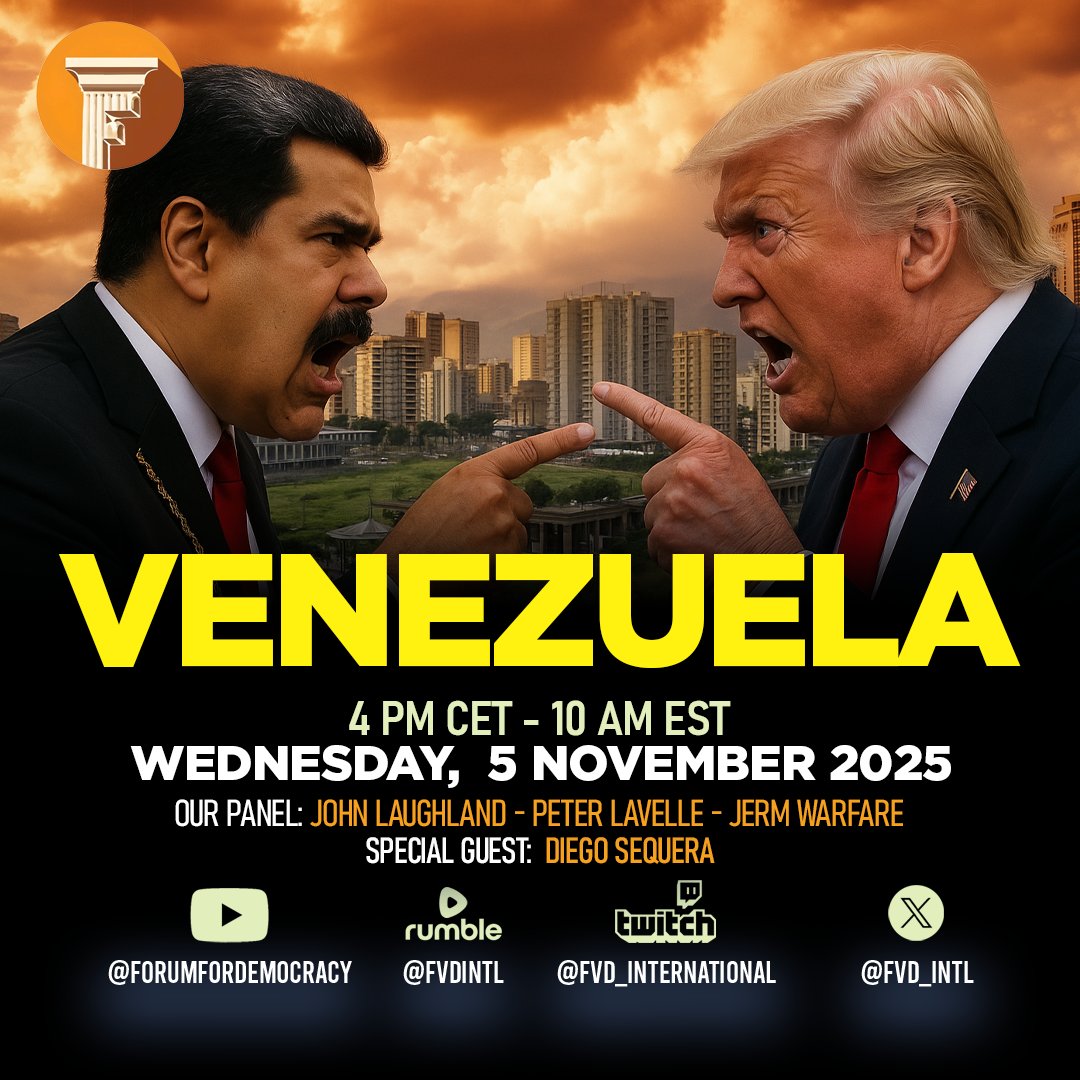 🏛️ The Forum and Friends: Venezuela

🗓️ Time: Wednesday at 4pm CET

📢 Our panel: <a href="/john_laughland/">John Laughland</a>, <a href="/RealJermWarfare/">Jerm Warfare</a>, <a href="/PLCROSSTALK/">Peter Lavelle</a> 

📚 Special guest: Diego Sequera (<a href="/QueraElse/">Diego Sequera</a>)
