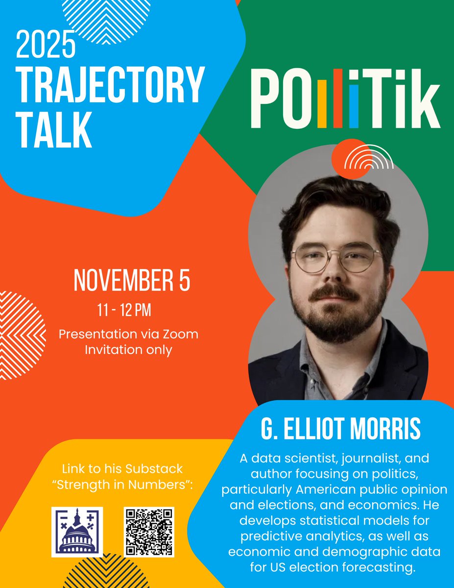 Pollitik_Lab's tweet image. We are excited for an exclusive visit from G. Elliott Morris, of Strength in Numbers &amp;amp; 50 Plus 1! 📈📉
@gelliottmorris @50plus1news