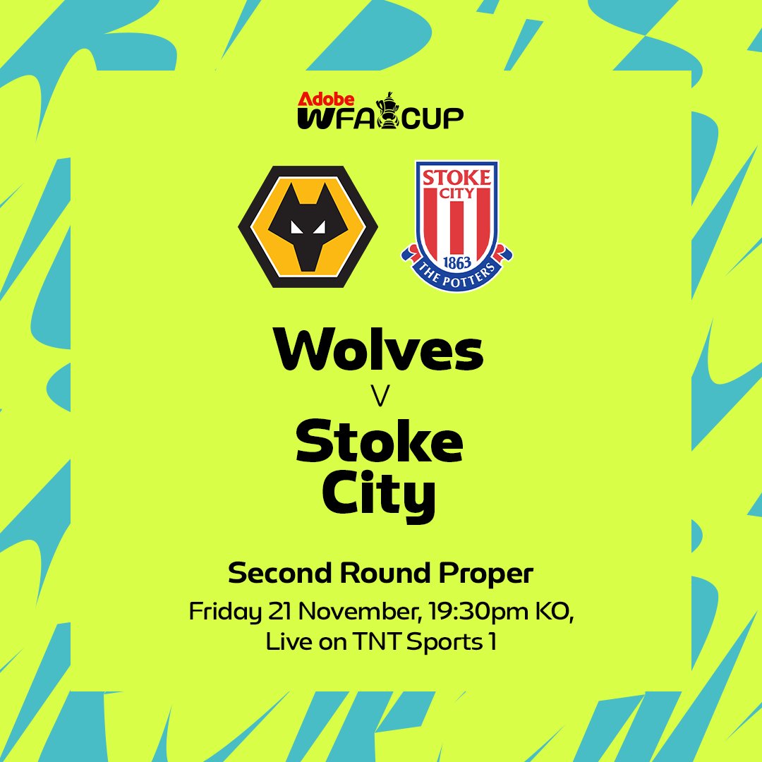 The #AdobeWomensFACup Second Round Proper tie between <a href="/WolvesWomen/">Wolves Women FC</a> and <a href="/scfc_women/">Stoke City FC Women</a> will be available to watch live on <a href="/footballontnt/">Football on TNT Sports</a>!📺

🔗 the-fa.com/l1xhpp