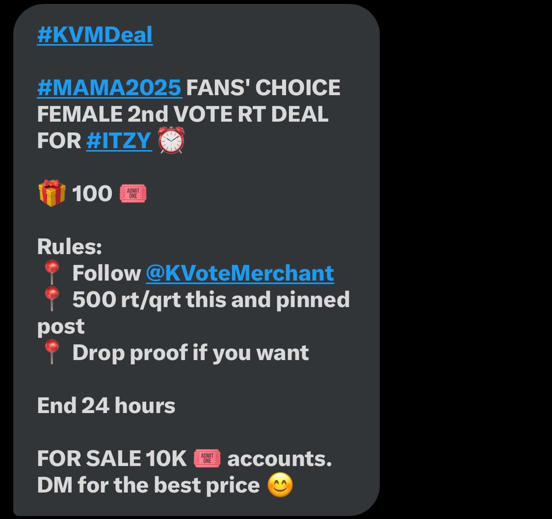🚨 MIDZY

Mama fan's choice RT deal for ITZY 

500 retweets = 100 Votes 🗳️ 

📌 Rules :
- Follow <a href="/KVoteMerchant/">KVoteMerchant</a> 
- Rt their pinned post 

🕛 End  : 24 Hours 

I vote for #ITZY on #2025MAMAVOTE