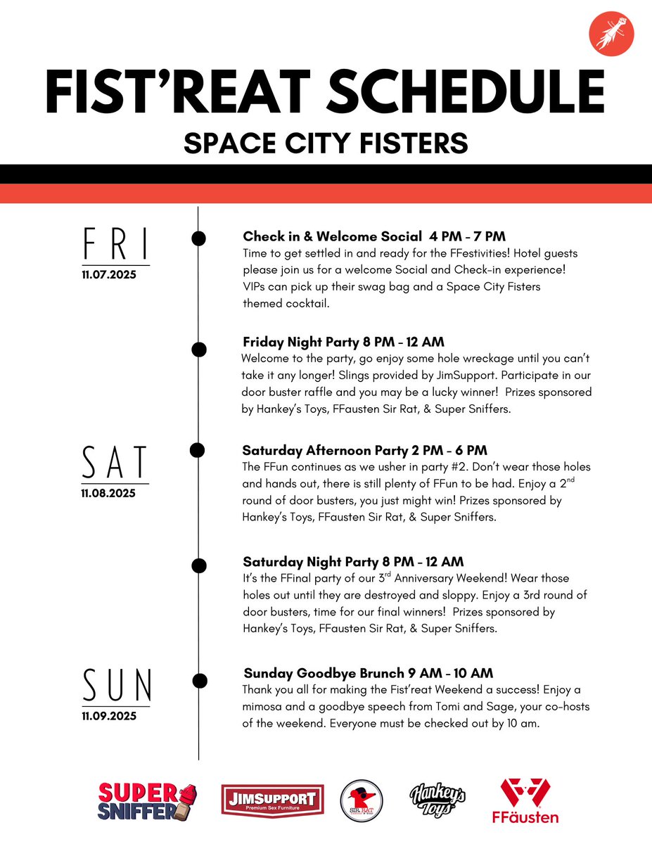 🚨 It's Fist'reat Week!   

🐷 Here's your schedule for the weekend pigs! Get ready to get real piggy!   

🎟️ It's not too late to get your tickets, make sure to get them before they sell out at thirdcoastfistcollective.com/events/fist-tr…

👊With Special guest at <a href="/Logan_BellXXX/">Logan Bell 📍 Chicago</a>