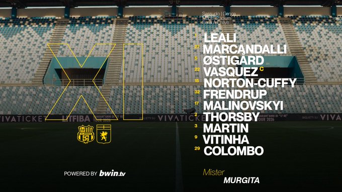 Graphical team sheet on a stadium background showing Genoa CFC lineup with positions marked by X symbols, player names including Leali in goal, Vasquez, Leicandalli, Norton-Cuffy, Malinovskyi, Martin, and Colombo in field positions, coach Murgita at the bottom, club crests, and bwin sponsor logo.