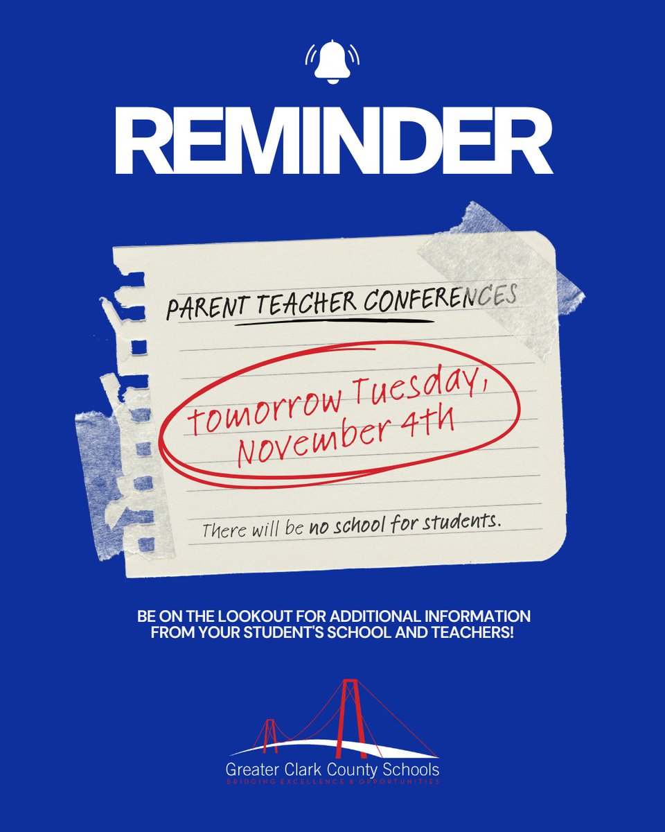 GCCSchools's tweet image. 📣 Reminder, GCCS Families!

There will be NO SCHOOL tomorrow for students due to Parent-Teacher Conferences. 🏫

Please keep an eye out for details from your child’s school and teachers regarding conference scheduling.