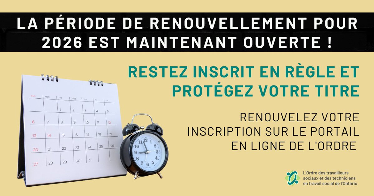 La période de renouvellement pour 2026 est maintenant ouverte ! Selon la loi, vous devez maintenir votre inscription en règle pour exercer le travail social ou les techniques de travail social et utiliser des titres protégés. 🔗 En savoir plus : ow.ly/vWKu50XlRHi