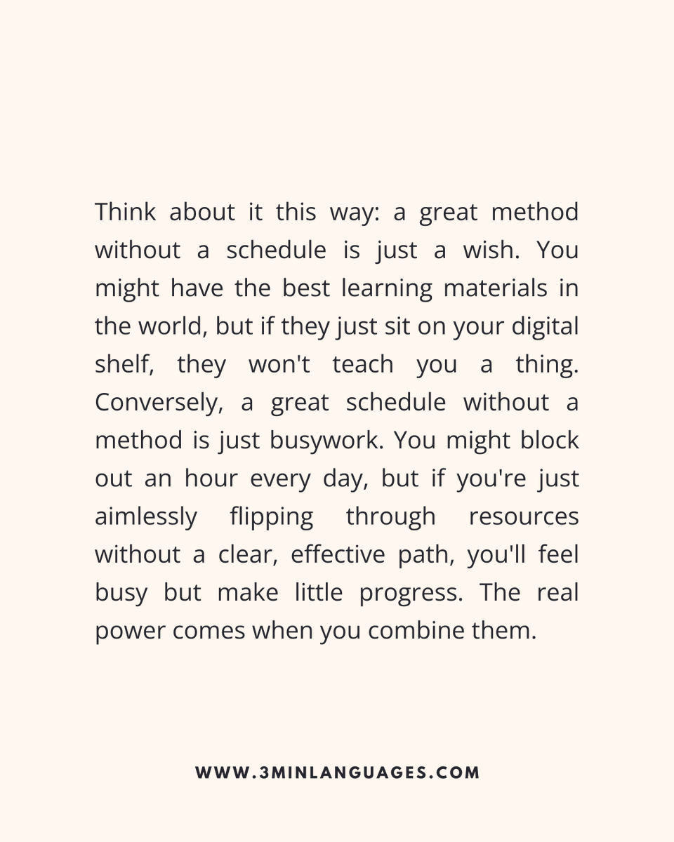 3MLanguages's tweet image. Method + schedule = results.
 One without the other = stuck.
 👉 Get both here: 3minlanguages.com

#3MinuteLanguages #StudyIn3 #LanguageLearning #MicroLearning #Consistency #LearnFrench #LearnSpanish #LearnGerman #LearnItalian #LearnPortuguese