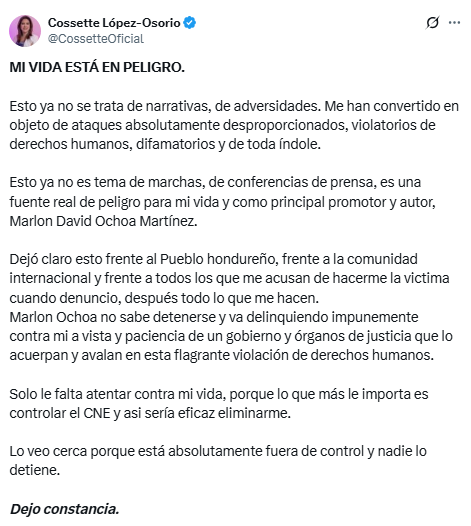 🚨🗳️#LOÚLTIMO | Consejera del CNE, Cossette López, denuncia que su vida está en peligro por ataques y violaciones a sus derechos humanos atribuibles a Marlon Ochoa, quien actúa impunemente mientras las autoridades no intervienen, poniendo en riesgo su labor en el CNE.
