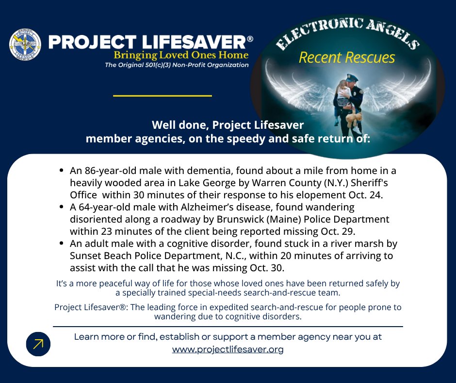 ProjectLifesavr's tweet image. Well done, Project Lifesaver member agencies, on recent rescues by Warren County Sheriff&apos;s Office (NY), Brunswick Police Department (Maine) and Sunset Beach Police Department (N.C.). #ProjectLifesaver rapid #searchandrescue for #autism #dementia &amp;amp; more ProjectLifesaver.org