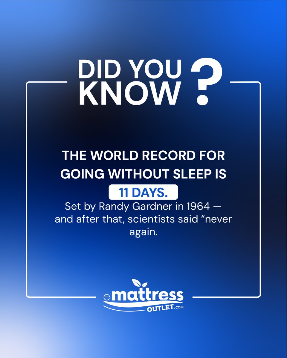 eMattressOutlet's tweet image. Did you know the world record for staying awake is 11 days? 😳

Don’t try that at home! Just get a better mattress 😴

How many hours of sleep do you need to feel human? 😂

Go to emattressoutlet.com to shop now!  

#eMattressOutlet #FunFactFriday #SleepFacts #BetterSleep…