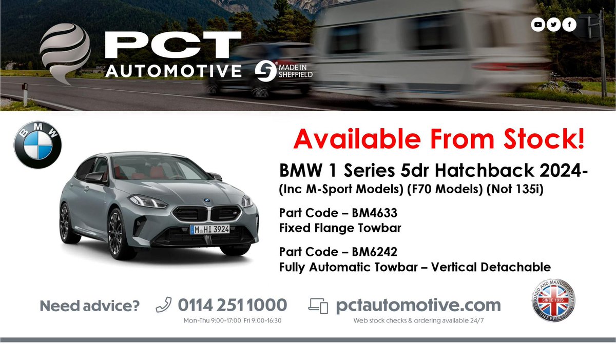 New Products 🚨 

Fixed and Detachable Towbars Now Available For The New BMW 1 Series At PCT Automotive! 

Available To Order via The Web Portal 💻 

Free Next Day Delivery, UK Mainland 🚚 

#PCTAutomotive #Towbars #BMW #1Series #Towing #SteelCity #MadeinSheffield