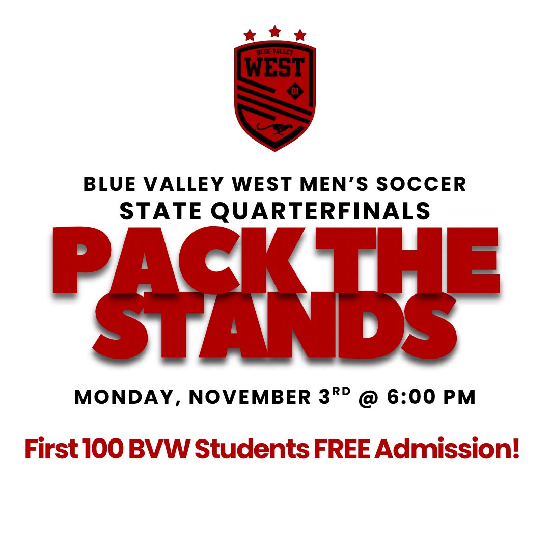 🚨 JagNation 🚨
Tonight, we play BV in the STATE QUARTERFINALS! We need you to show up &amp; show out! Pack the house! The crowd was amazing for the regional championship game, let’s be even better tonight! First 100 BVW students get in FREE! See you at 6:00PM!
<a href="/BVWestJAGS/">BVW Jaguar Athletics</a>
<a href="/westjags/">Blue Valley West</a>