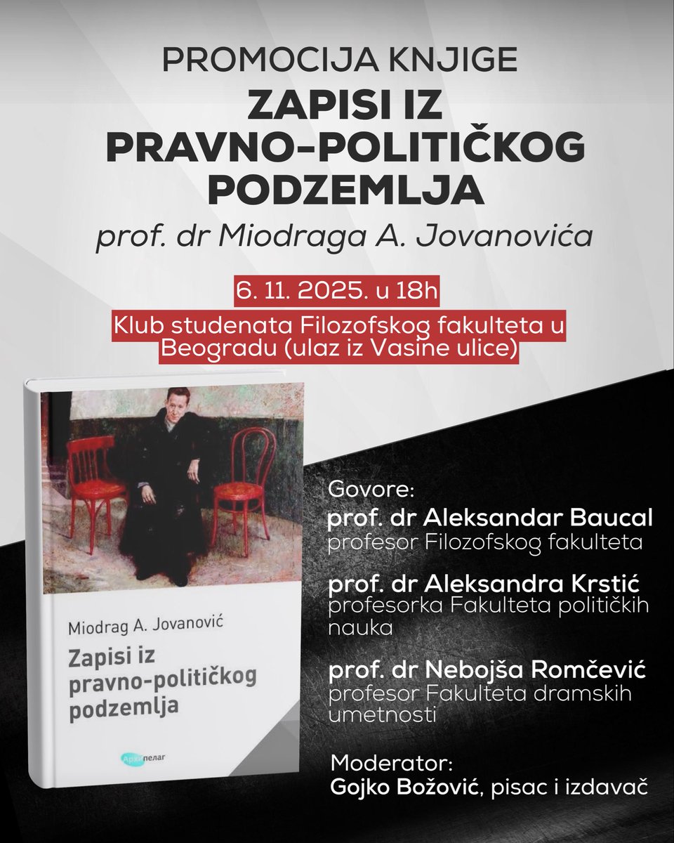 pro_glas_rs's tweet image. Zašto ljudi ne smeju da postanu crvi,
a institucije ljušture bez sadržaja?
Zašto vlast mora da bude smenjiva i odgovorna, a ne lična i nekontrolisana?

O tome prof. dr Miodrag Jovanović u svojoj knjizi:
📓 Zapisi iz pravno-političkog podzemlja

Pridružite nam se na promociji ⬇️