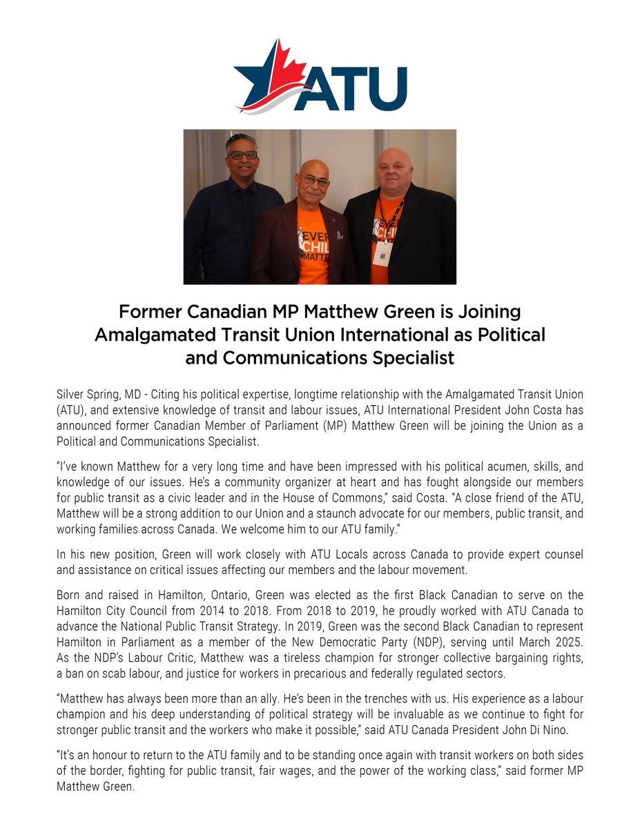 We welcome MP Matthew Green to our ATU family.  #OurVoiceOurPower #1u #canlab #UnionStrong