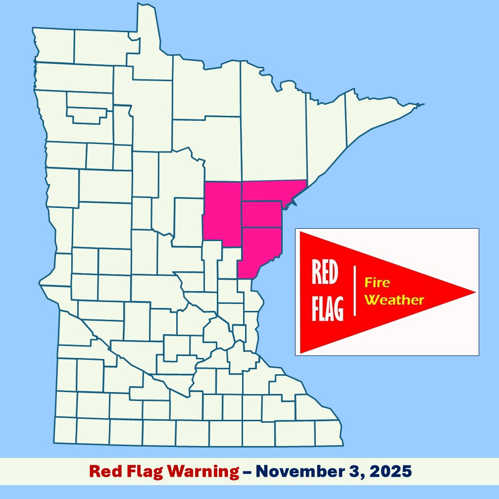 mnics's tweet image. ‼ RED FLAG WARNING ‼ today in NE MN 11am-5 pm. Critical fire weather w/RH dropping to 20-25% and gusty west winds up to 30 mph forecast. 
Elevated fire wx is expected throughout northern MN today. ❌TODAY IS NOT A BURN DAY!!! ❌More wx info at weather.gov.