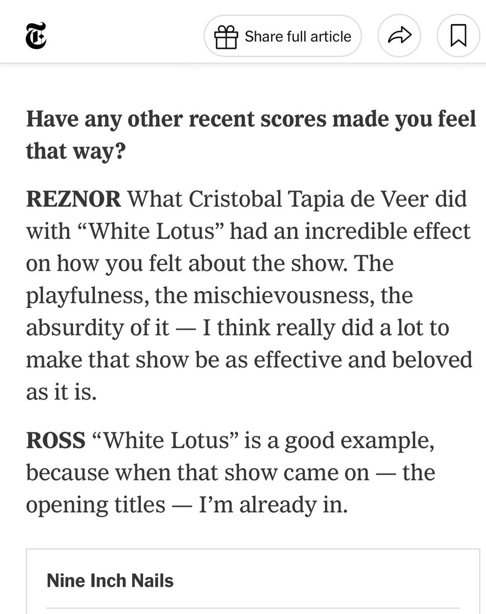 Trent Reznor and Atticuss Ross highlight the importance of Cristobal Tapia de Veer’s #thewhitelotus score in a #NewYorkTimes interview ❤️‍🔥

nytimes.com/2025/11/01/art…