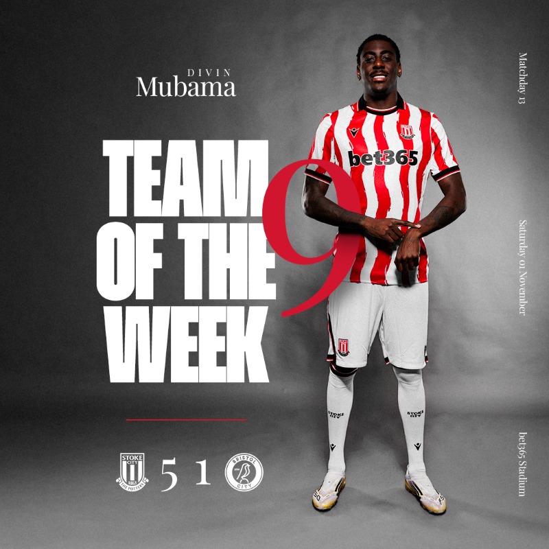 stokecity's tweet photo. ⚽️ Three goals
🅰️ One assist
🏅 Perfect 10 @WhoScored rating

Divin earns his spot in the @EFL Championship Team of the Week.