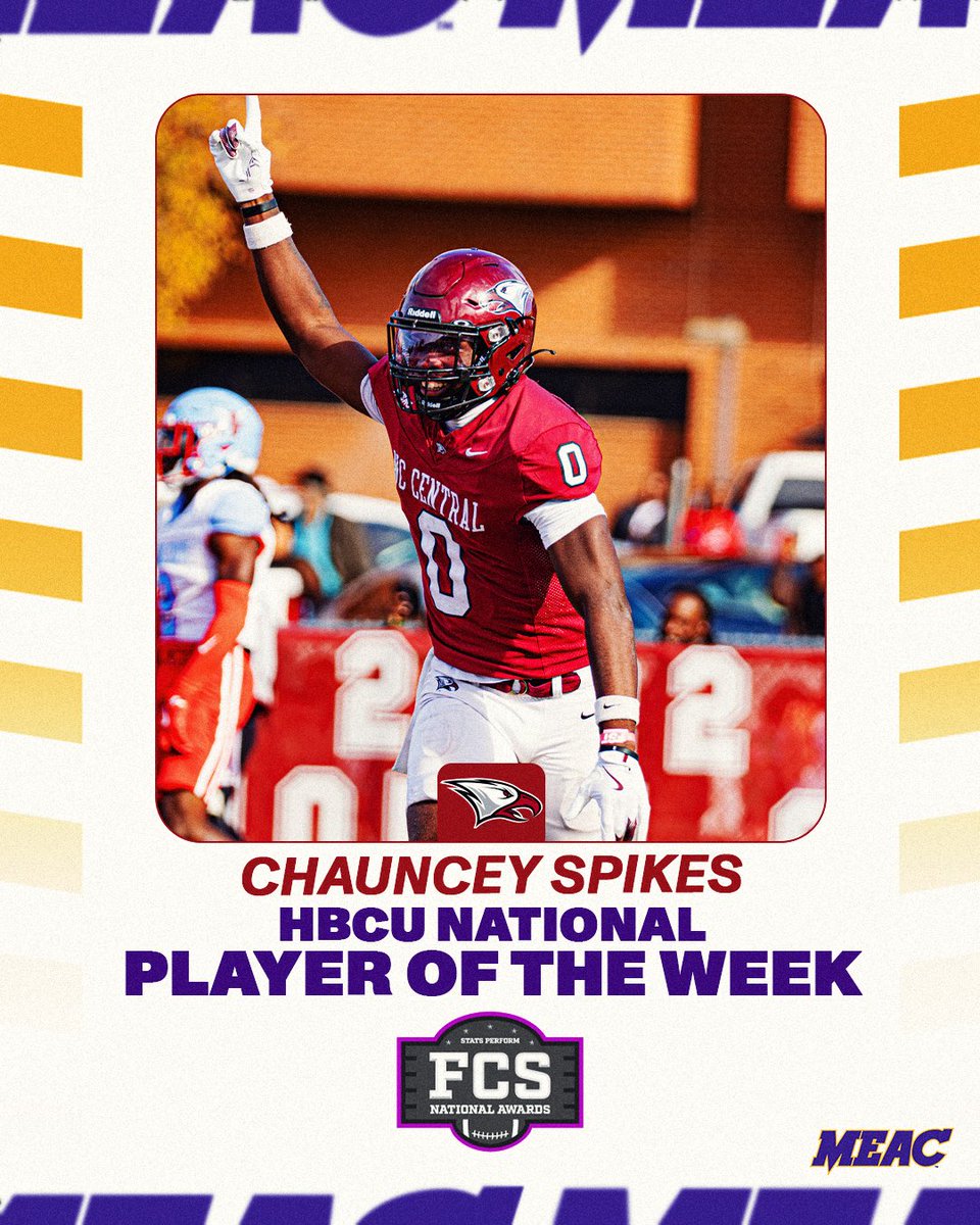 MEACSports's tweet photo. Putting on for the MEAC! 

Congratulations Chauncey Spikes @NCCU_Football on being selected as this week’s HBCU National Player of the Week! 

#MEACFB @OptaAnalystFCS https://t.co/9pqd2QLueO