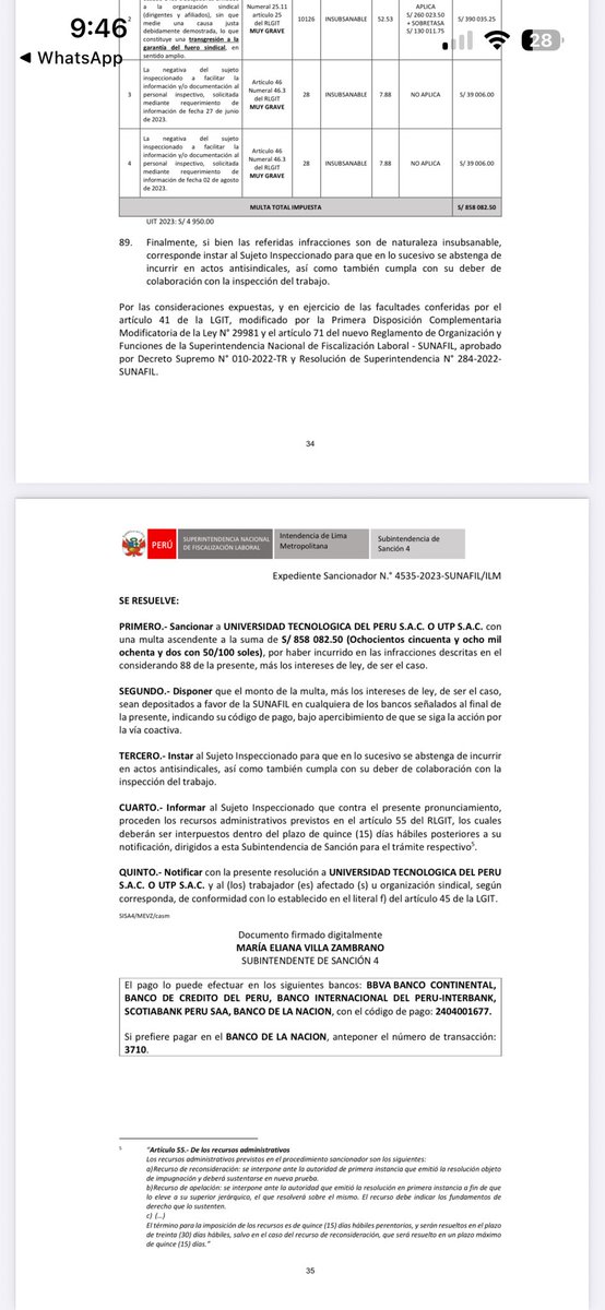 pedrocalvayt's tweet photo. Pese a los intentos de la UTP - Universidad Tecnológica del Perú de no respetar la ley. Hoy la Superintendencia Nacional de Fiscalización Laboral del Perú ha emitido una sanción por más de 800,000 soles por despedir a docentes afiliados al sindicato. https://t.co/orQvU9VJWx
