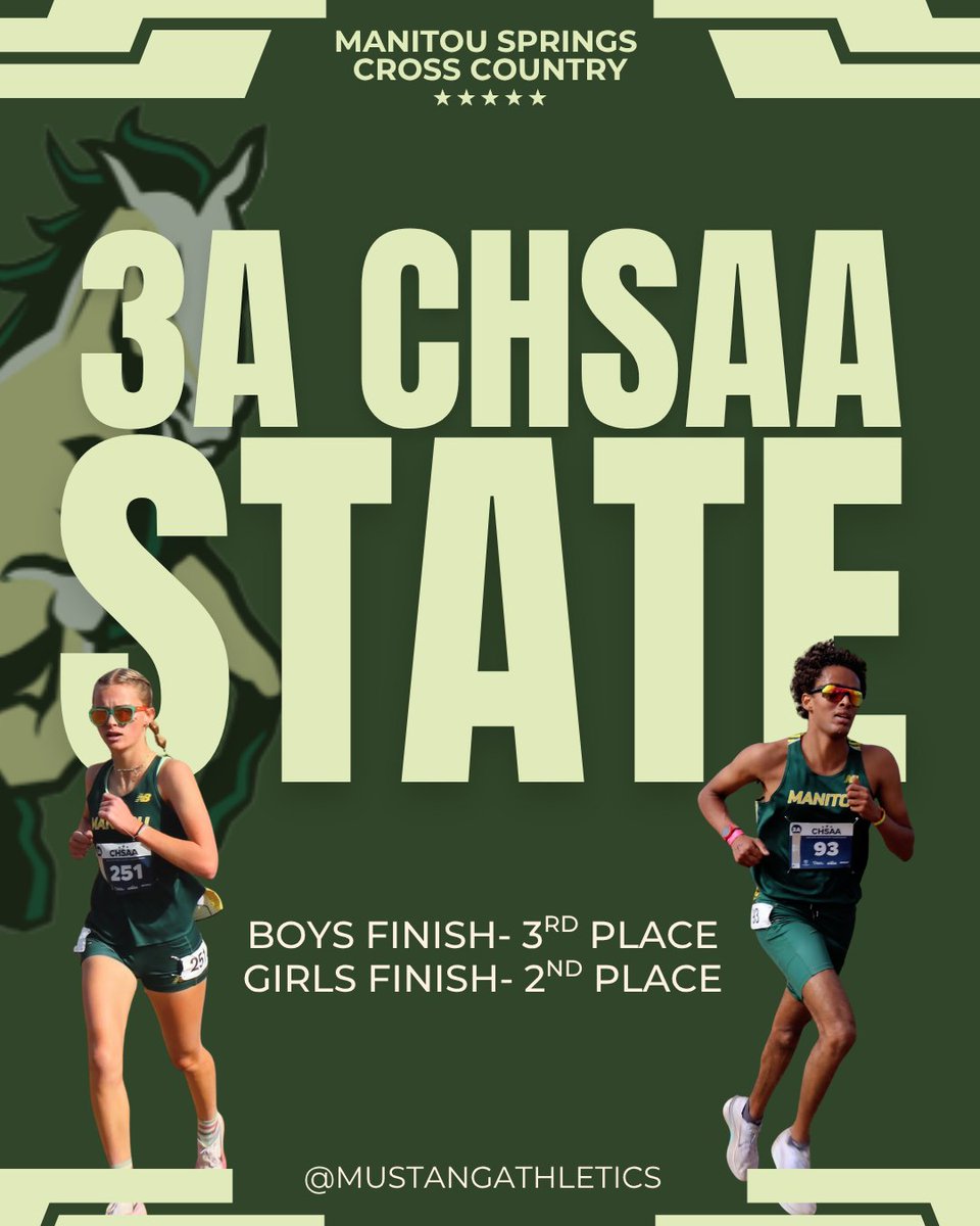 ManitouMustangs's tweet image. Congratulations to our Boys and Girls Cross Country teams! Our Mustangs brought home some hardware from the CHSAA 3A State Championships. The Girls team earned a runner-up finish, and the Boys team took 3rd place! Incredible effort! #servetheM