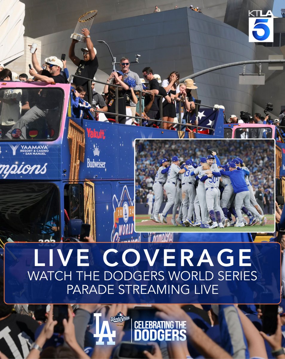KTLA's tweet photo. DODGERS CHAMPIONSHIP PARADE: L.A.โs Very Own KTLA 5 is your source for all the action! Details: https://t.co/gUbWj9r7cqย
#Dodgers #WorldSeriesChamps #BackToBack #KTLA #LABaseball #VictoryParade #LA https://t.co/EOxrtQoRut