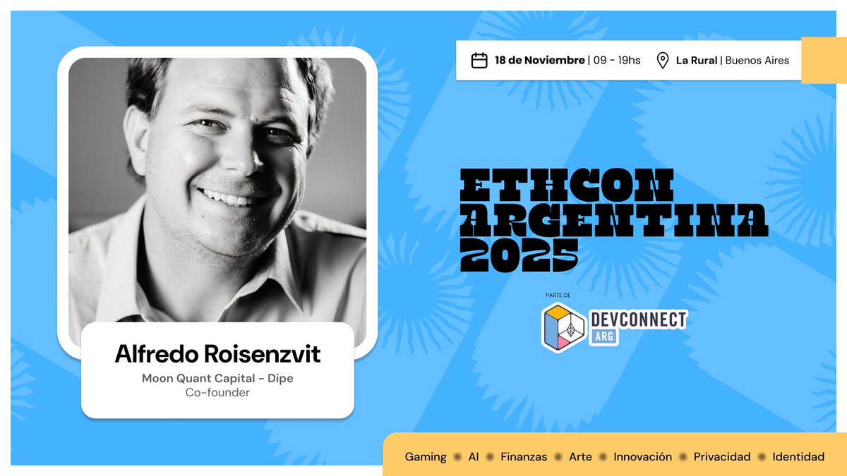 👏 <a href="/aroisenzvit/">Alfredo B Roisenzvit</a> será speaker en <a href="/ETHConAR/">ETHCon Argentina</a>.

Economista formado en Harvard, profesor y cofundador de Moon Quant Capital y Dipe, donde desarrolla estrategias algorítmicas y proyectos en #DeFi.👏

Una visión clave entre economía y blockchain.

🎟️ tickets.ethcon.ar