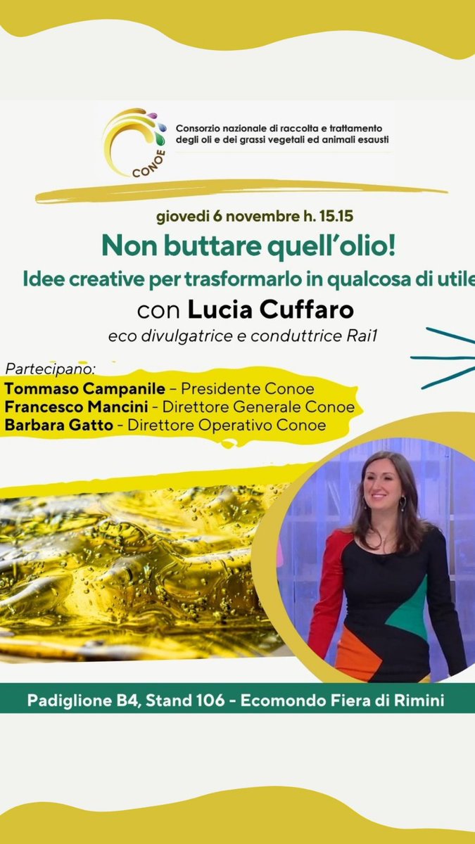 ♻️ 1 solo litro d’olio nel lavandino può inquinare l’acqua di 140 campi da calcio.
Ne parliamo a #Ecomondo2025 #Rimini 
🗓️ Giovedì 6 novembre h 15.15 Stand CONOE (B4–106)

Non buttare quell’olio! Idee creative per trasformarlo in qualcosa di utile
con @CONOE_Italia <a href="/Ecomondo/">Ecomondo</a>