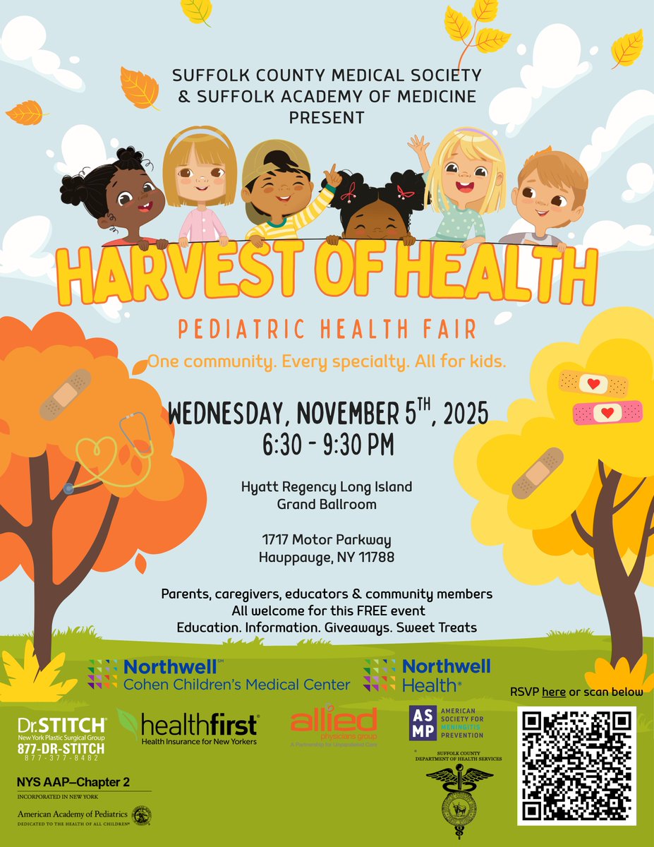 Our team is excited to take part in the Harvest of Health Pediatric Health Fair this week, hosted by the Suffolk County Medical Society and the Suffolk Academy of Medicine. 

If you’re in #SuffolkCounty, join us for a free evening of community, connection, and well-being—open to